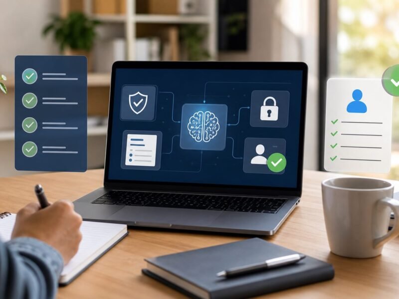 Small business AI tools policy checklist with privacy security and human review concepts