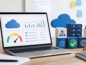 Cloud hosting cost control dashboard with budget gauge and small website infrastructure icons