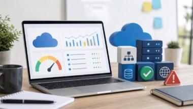 Cloud hosting cost control dashboard with budget gauge and small website infrastructure icons