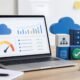 Cloud hosting cost control dashboard with budget gauge and small website infrastructure icons