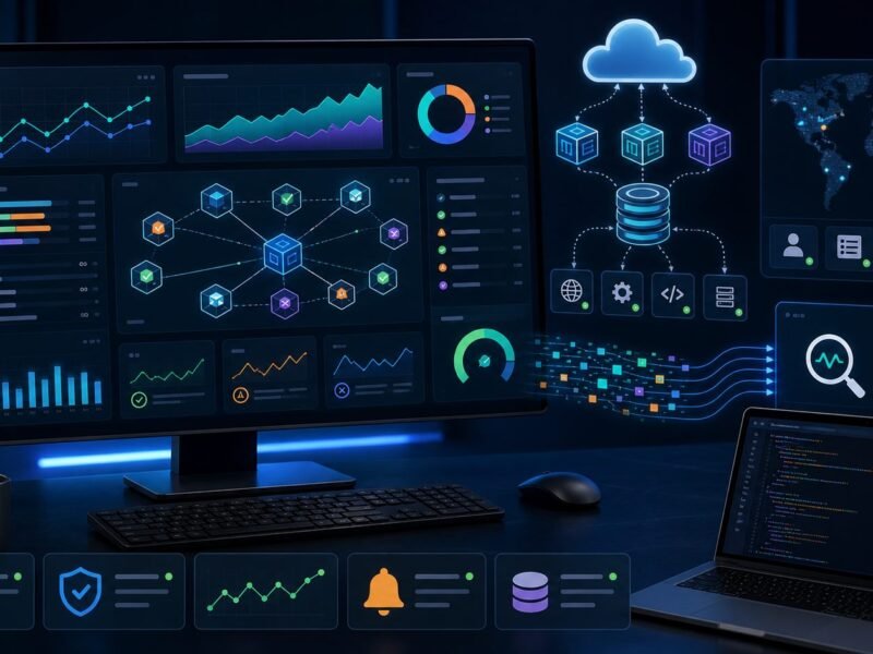Developer monitoring and observability dashboard with application traces logs and cloud service health