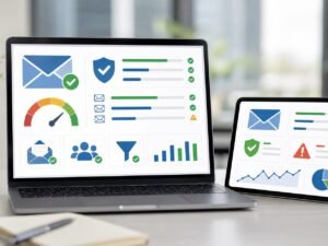 Email marketing deliverability dashboard with authentication trust and inbox quality concepts