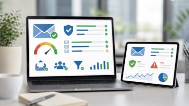 Email marketing deliverability dashboard with authentication trust and inbox quality concepts