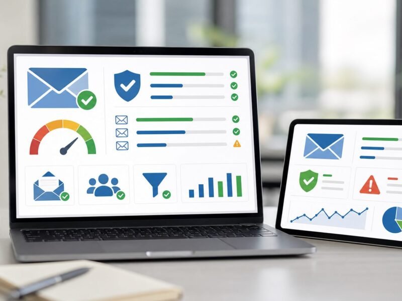 Email marketing deliverability dashboard with authentication trust and inbox quality concepts