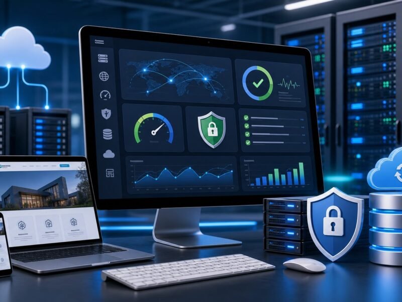 Scalable web hosting infrastructure with speed monitoring security backups and server capacity planning