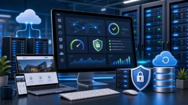 Small business website hosting infrastructure with uptime monitoring security backups and speed dashboard