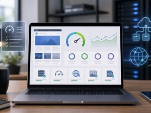 WordPress hosting speed checklist with performance dashboard and caching icons