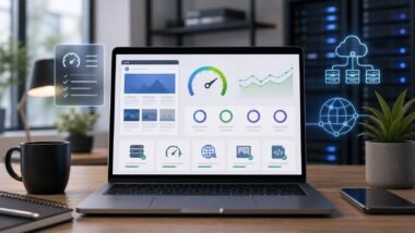 WordPress hosting speed checklist with performance dashboard and caching icons
