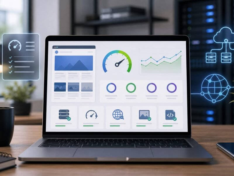WordPress hosting speed checklist with performance dashboard and caching icons