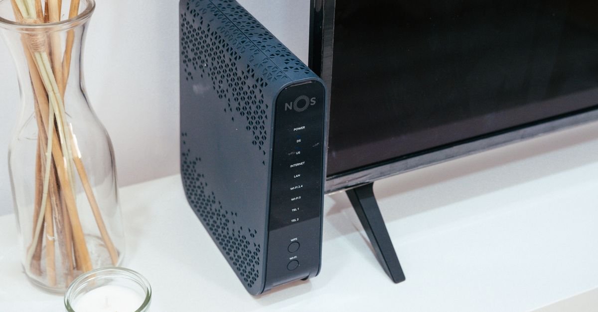A black router on a shelf beside dried flowers