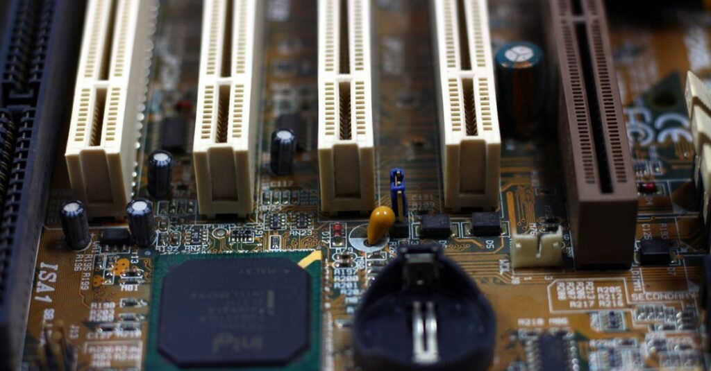 Close-up of a computer motherboard and expansion slots