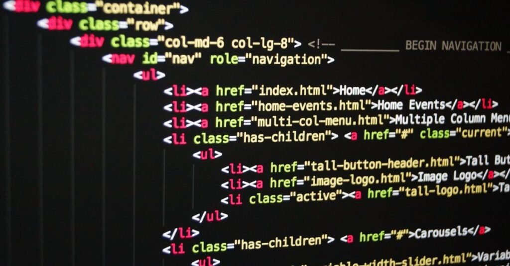 Screen showing HTML navigation code