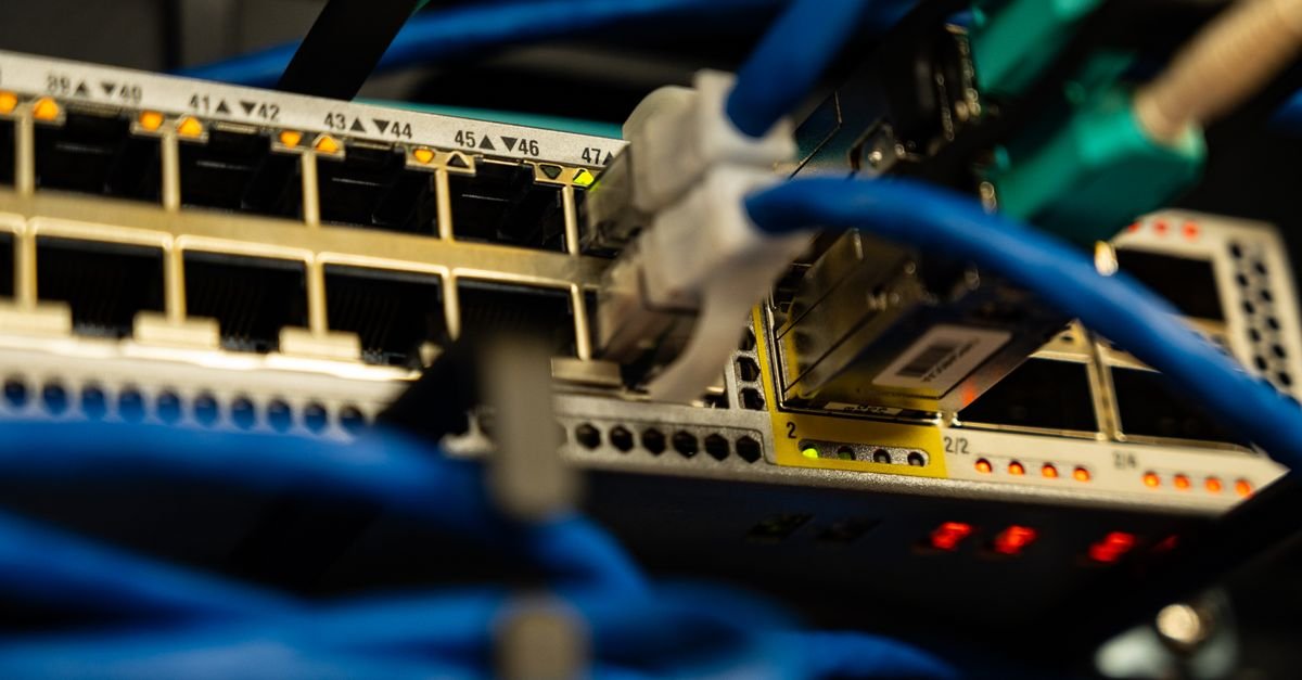 Colorful ethernet cables in a network switch