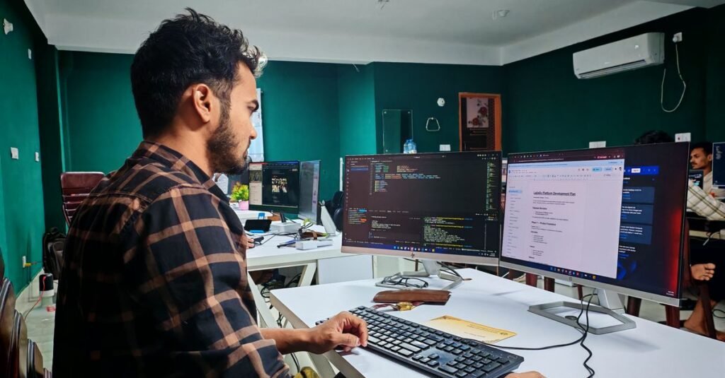 Developer managing a WordPress site from a two-monitor workstation