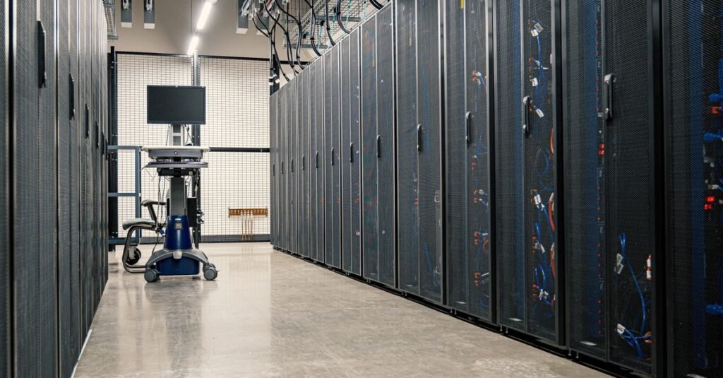 Traditional always-on servers in a data center aisle