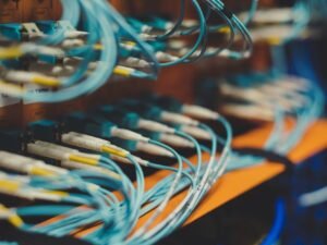 Blue network cables wired into switching equipment