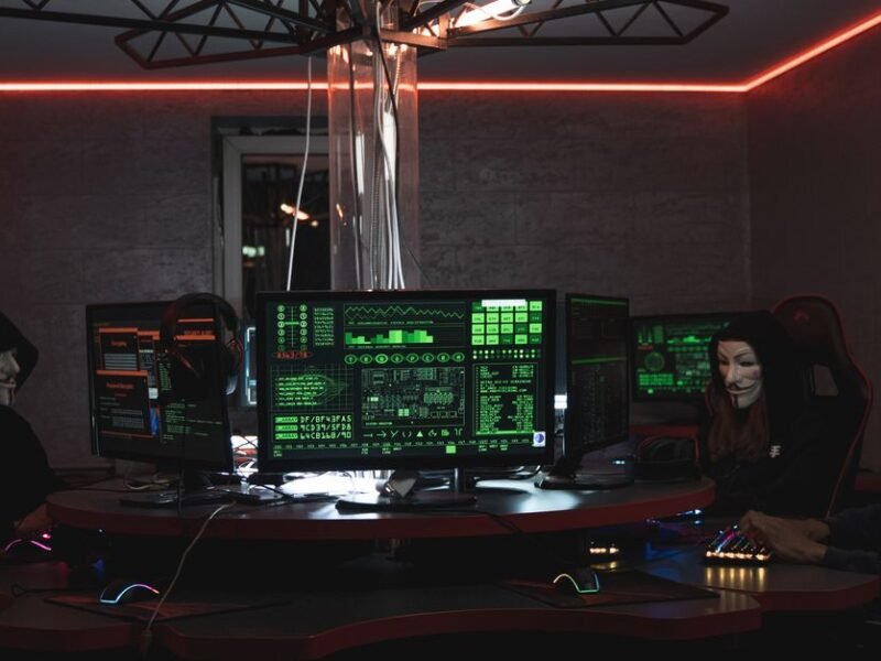 A dark security operations room with monitors showing green code