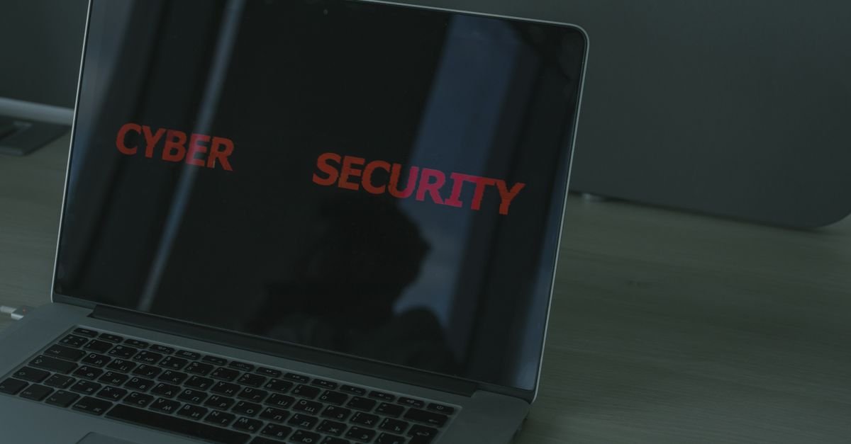 Laptop screen showing the words cyber security