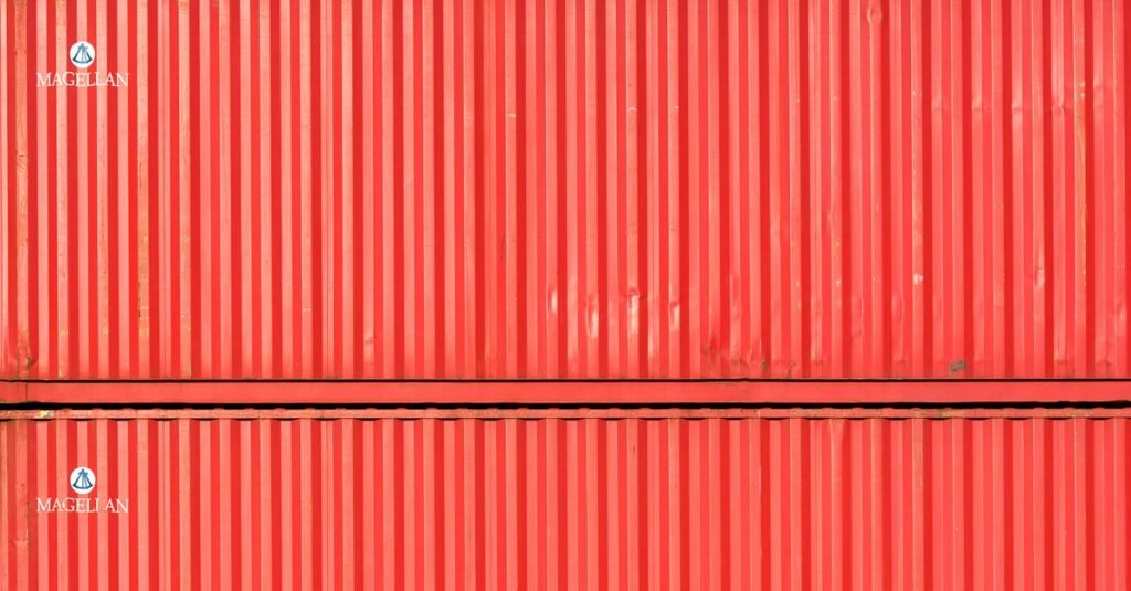 Rows of red shipping containers