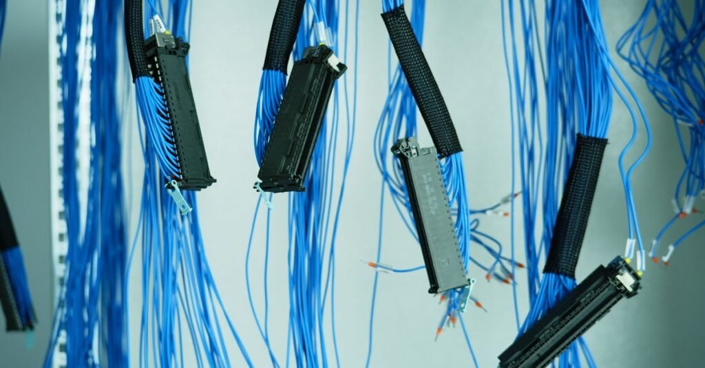 Network cables connected in a patch panel