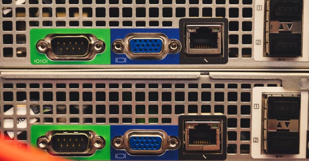 Close-up of network ports on server hardware
