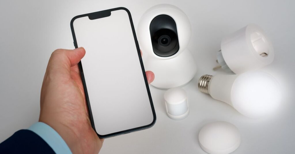 Hand holding a phone next to smart edge devices