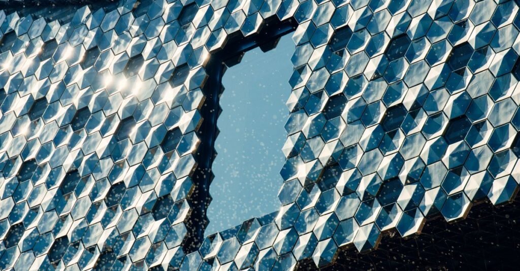 A blue honeycomb mesh pattern