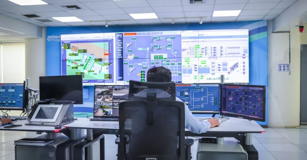 A network operations center with wall displays