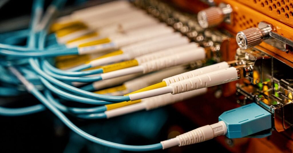 Fiber optic cables connected in a data center