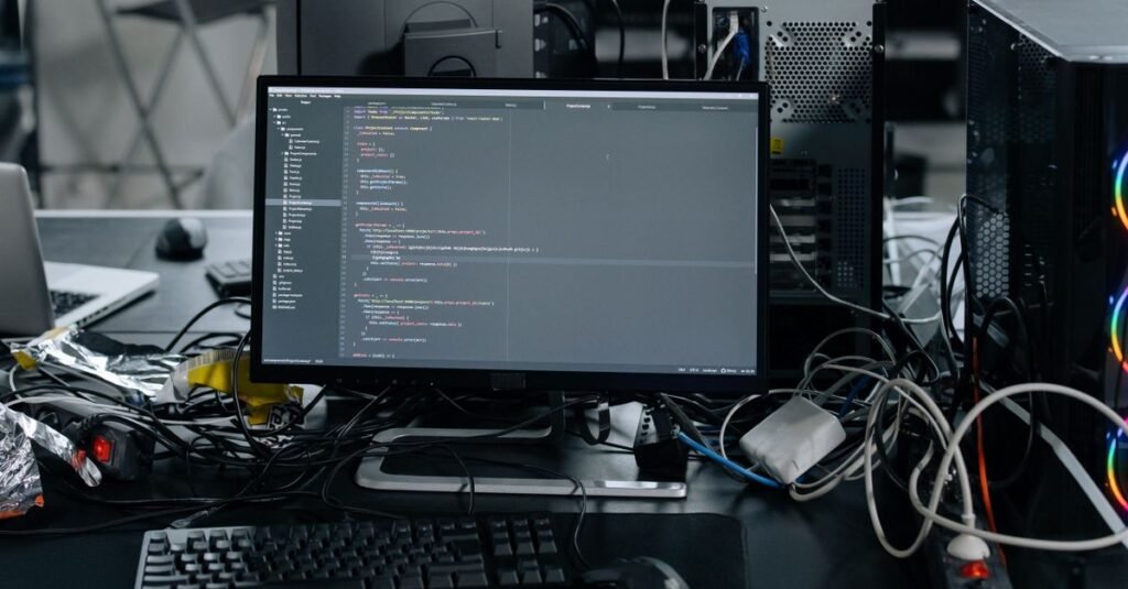 Developer workstation with code on multiple monitors